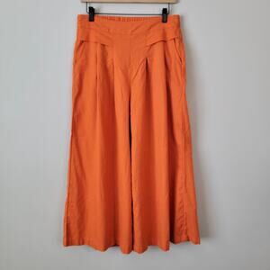 Orange Linen Blend Wide Leg Capri Pants Pleated Cruise Vacation Tropical Boho L